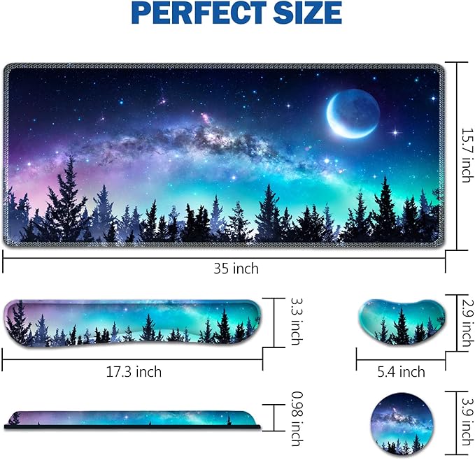 AIMSA Large Gaming Mouse Pad Set Keyboard Wrist Rest Support + Extended Mouse Pad + Mouse Wrist Cushion + Coaster Ergonomic Memory Foam Multifunctional Desk Mat 35x15.7inch (Forest Moon Sky)