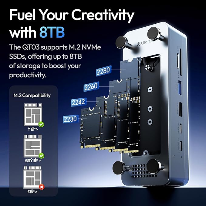ULANZI QT03 Docking Station &amp Stand with NVME SSD Enclosure 40Gbps 10-in-1 with 10 Gbps 4 USB C-A/Audio/4K HDMI/SSD/Hub/TF/SD Port Compatible with Mac mini M4 M4 Pro/Dell/HP/Lenovo/iPhone and Mo
