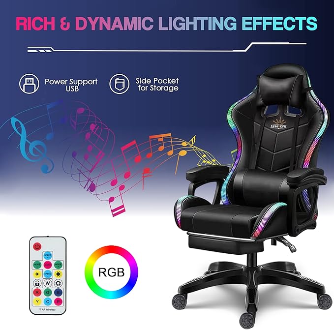 XOOFMASS RGB Gaming Chair with Speakers and LED Light 7 Points Ergonomic Massage Video Game Chair High Back 90°-135° Adjustable PU Leather E-Sport Computer Chair with Headrest &amp Lumbar Support