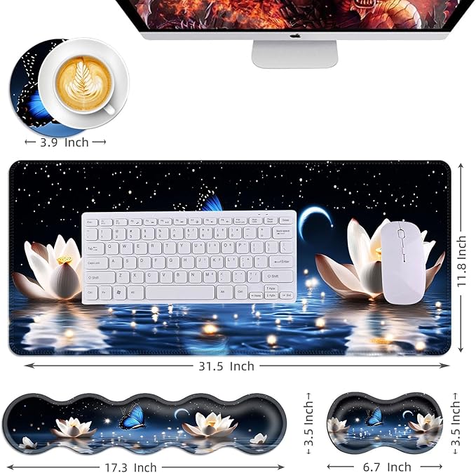 Mouse PadLarge Desk Mat Set 4in1 XL Mousepad + Keyboard Wrist Rest+Mouse Wrist Rest+Coaster with Ergonomic Desk Pad for Home Office Table Computer Cover -Butterfly and Lotus at Night