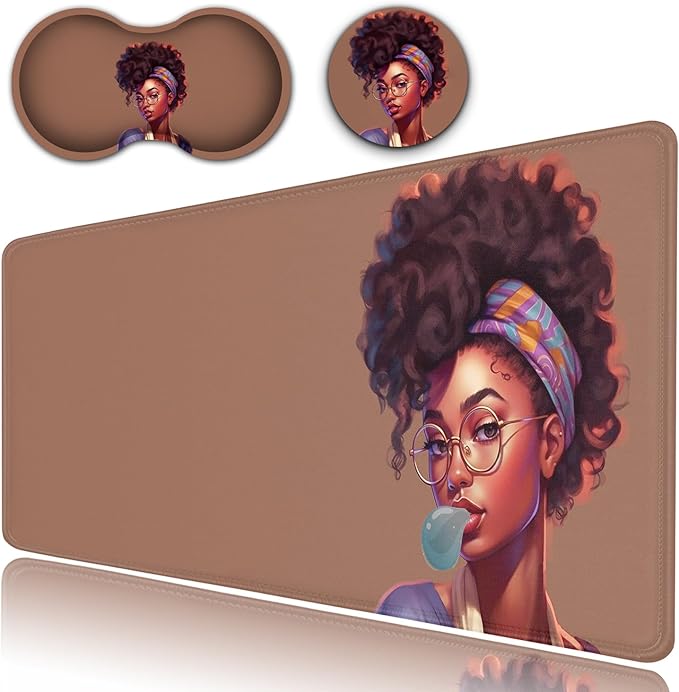 Desk Pad Extended Large Mouse Pad with Stitched Edges (31.5X11.8In) Ergonomic Mouse Wrist Rest Support Waterproof Computer Keyboard Mouse Mat Cute African Black Girls XXL Brown Gaming Mouse Pad
