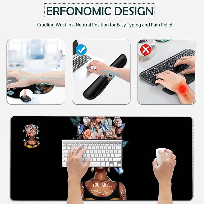 Large Mouse Pad Ergonomic Mouse Pad with Wrist Rest and Keyboard Wrist Rest 4 in 1 Set 31.5 x11.8 inch Extended Desk Pad for Home Office Flowers + African American Woman Black Gaming Mouse Mat