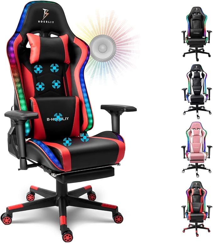 Gaming Chair Office Chair with Speakers and RGB Lights Swivel Racing Style Computer Chair with Massage Lumbar Support Headrest Armrest Retractable Footrest Video Gaming ChairRed