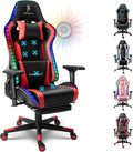 Gaming Chair Office Chair with Speakers and RGB Lights Swivel Racing Style Computer Chair with Massage Lumbar Support Headrest Armrest Retractable Footrest Video Gaming ChairRed