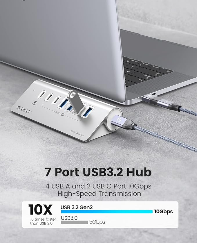 ORICO 7 Port USB Hub 10Gbps Aluminum USB 3.2 Gen 2 Hub 6 USB 3.2 Data Ports PD 60W Ports 1.64Ft C to C Cable USB Data Hub for Laptop
