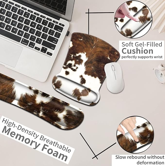 Keyboard Wrist Rest and Mouse Pad with Wrist Support Ergonomic Coaster Easy Typing Pain Relief Memory Foam Keyboard Wrist Rest Cow Cowhide Desktop DecorationSuitable for Office Typing Games