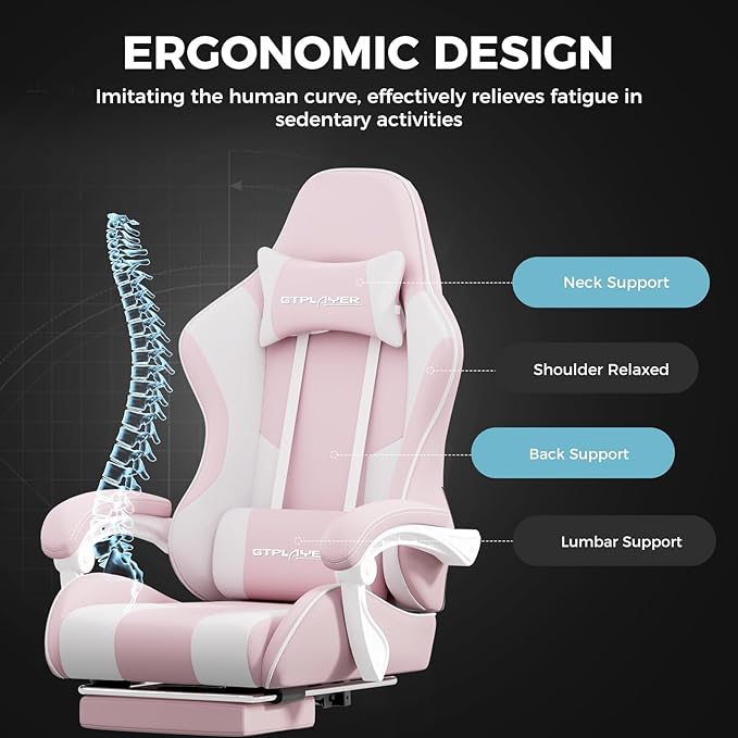 GTPLAYER Gaming Chair with Footrest Computer Chair with and Lumbar Support Height Adjustable Game Chair with 360°-Swivel Seat and Headrest and for Office or Gaming (Pink-Fabric)