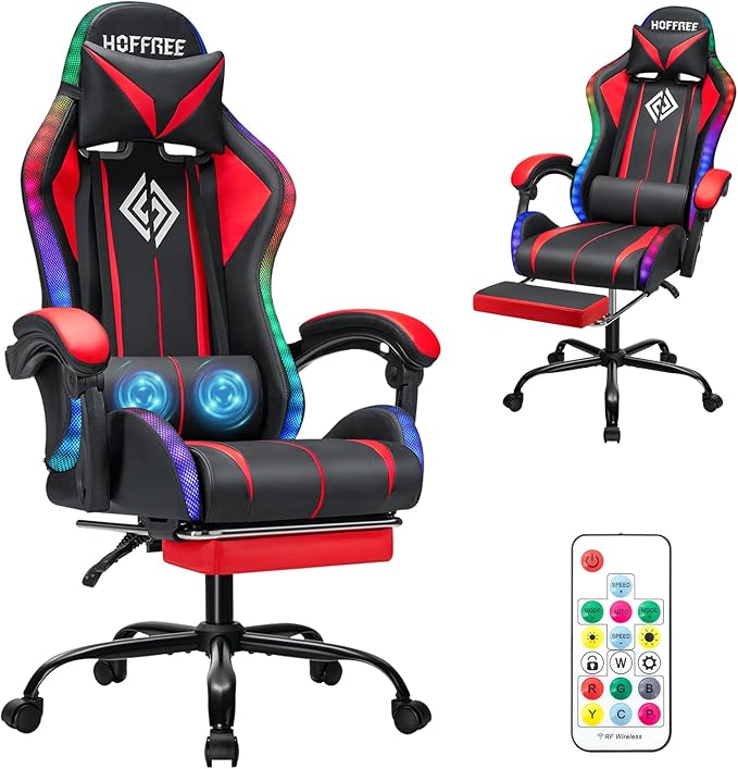 HOFFREE Gaming Chair Massage with LED RGB Lights and Footrest Ergonomic Computer Chair High Back Video Game Chair with Adjustable Lumbar Support Linkage Armrest Red and Black