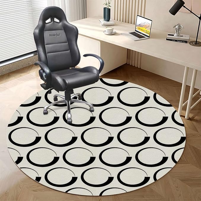 Black White PU Leather Chair Mat Hard Floor Protecting Circles Brush Geometric Circles Noise Cancelling with Anti Slip Rubber Multi-Purpose Floor Mat for Bedroom Abstract Diameter 39.4 in