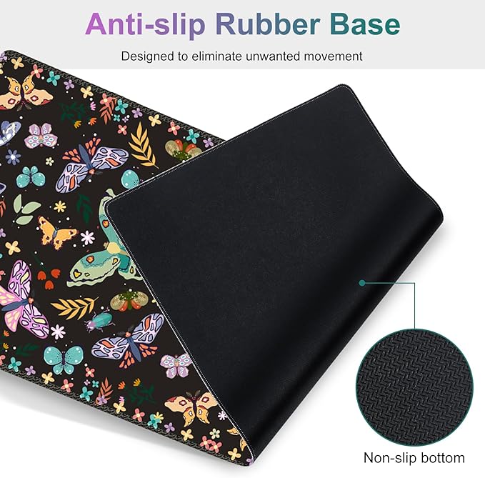 Desk Mat Pad Gaming Mouse Pad Wrist Support Set 4 in1 Non-Slip XXL Large Mousepad + Ergonomic Keyboard Wrist Rest+Mouse Wrist Rest+Coaster for Home Office Computer I Colorful Butterfly