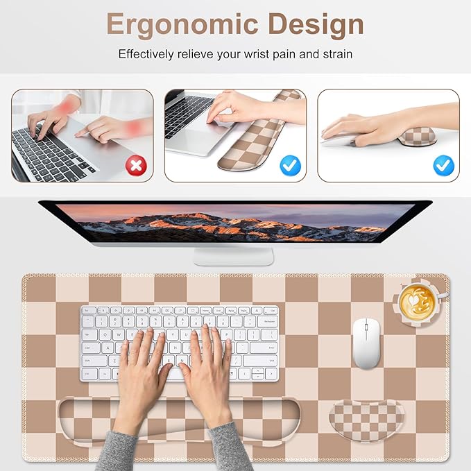 Beige Khaki Checkered Mouse Pad Set 4 in1 Large Gaming Ergonomics Keyboard Desk Mat with Memory Foam Wrist Rest Extended Game Mousepad Non-Slip Desk Pad Matt Easy Typing Pain Relief