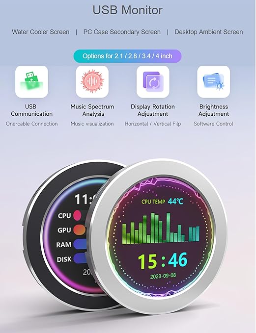 2.1inch USB Monitor 480×480 Pixel-Water Cooler Screen/PC Case Secondary Screen/Desktop RGB Ambient Screen with Music Spectrum Analysis Function Various Data Monitoring CNC Metal Case Silver