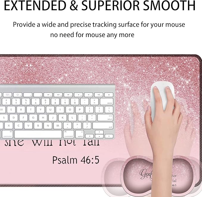 Large Gaming Mouse Pad + Mouse Wrist Rest Pad + Coaster Combination 31.5 x 11.8 Durable Non-Slip Extension Table Mat Suitable for Office and Home Bible Psalm 46-5