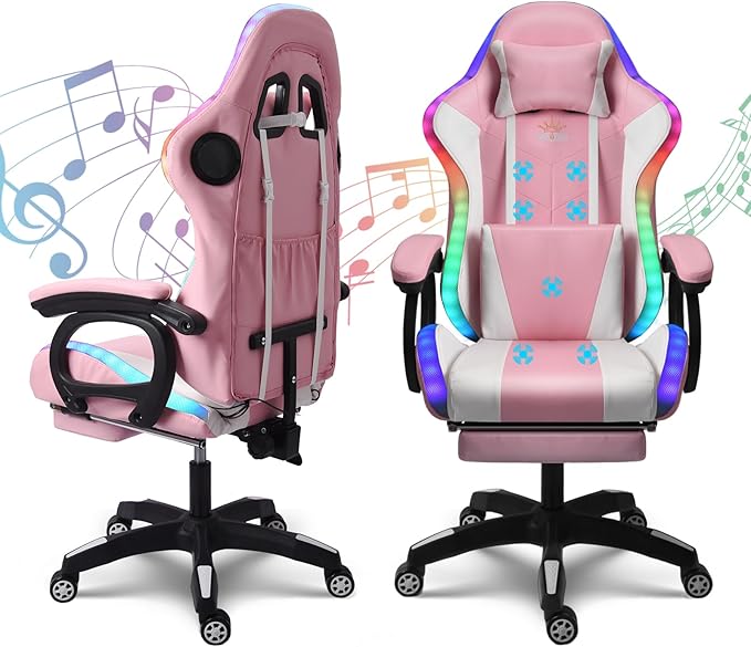 Computer Gaming Chair with Speakers and Massage RGB Video Game Chair Ergonomic Gamer Chair Racing Chair PU Leather High Back Recliner Chair with Lumbar Support Headrest ArmrestPink