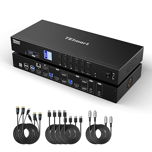 TESmart USB 3.0 HDMI+DP+USB C KVM Switch 3 Monitors 4 Computers 4K@60Hz 4 Port Triple Monitor KVM Switch MST 60W PD for Laptop 1G Ethernet EDID Emulators Hotkey Switch Rack-Ears