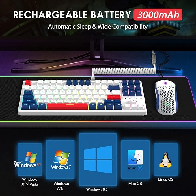 Wireless Gaming Keyboard and Custom Coiled USB C CableTriple Mode 2.4GHz/BT 5.0/USB-CTKL Hot Swappable Mechanical Keyboard Yellow SwitchesRechargeable 3000mAh for PC PS5 PS4 Xbox-2 in 1 Kit