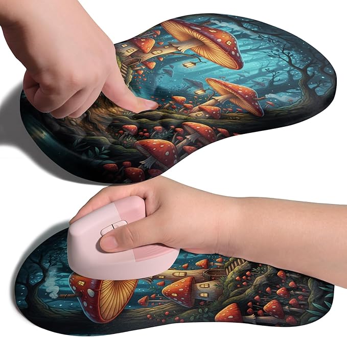 Ergonomic Joint Wrist Support Mouse Pad with Memory Foam Cushion Massage Bump Carpal Tunnel Pain Relief Mousepad Slope Design for Wrist Rest 11.8x7.9 in Mushroom