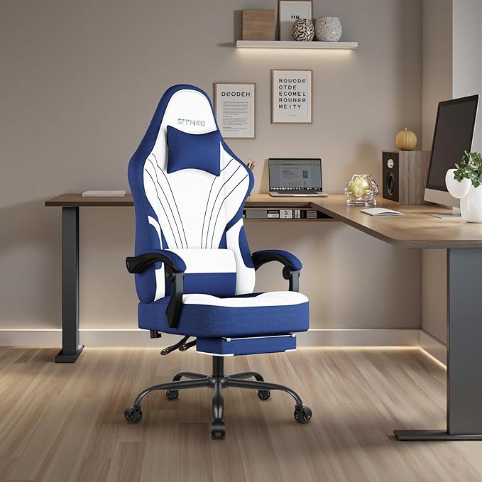 Gaming Chair with FootrestFabric Computer Chair with Pocket Spring CushionHigh Back Comfortable Ergonomic Office Chairs with Lumbar SupportHeight Adjustable Gamer Chair for AdultsBlue