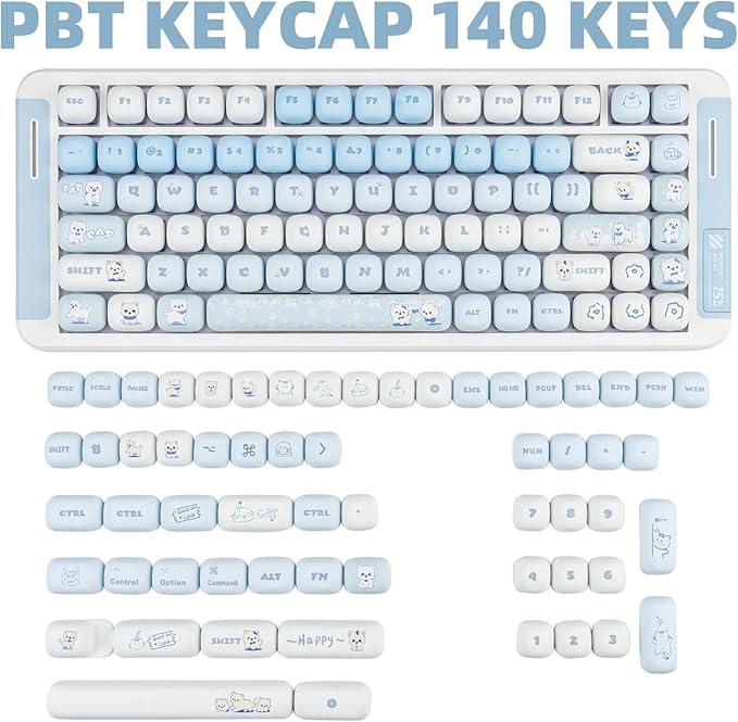 Cute PBT Keycaps Blue MOG Profile 140 Keys Novelty Round Keycap Kawaii Custom Keycap for Gateron Cherry MX Switches Mechanical Keyboard