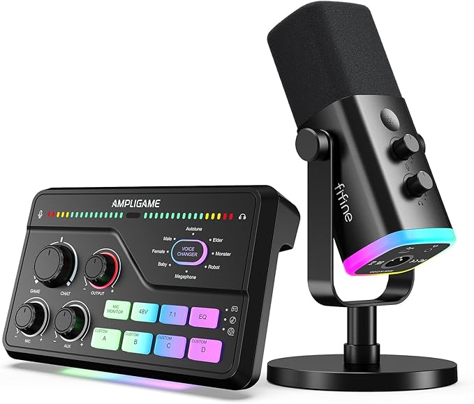 FIFINE XLR Microphone with Gaming Mixer Set USB Dynamic Mic with Streaming Mixer Bundle with Volume Control RGB Lighting 7.1 Surround Sound XLR Interface for Voice Chat Video Creation (AM8+SC8)