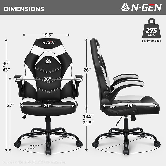 N-GEN Video Gaming Chair Ergonomic Computer Desk Office Chair with Lumbar Support Adjustable Height Swivel Wheels Flip-Up Arms PU Leather Home and Office (White)
