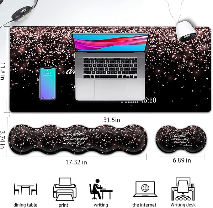 Large Gaming Mouse PadExtended Office Desk MatWaterproof Desk Writing Pad for Office/Home Ergonomic Mouse &ampKeyboard Wrist RestPsalm 46：10 Rose Gold Glitter Laptop Desk Pad Black Mousepad Wrist