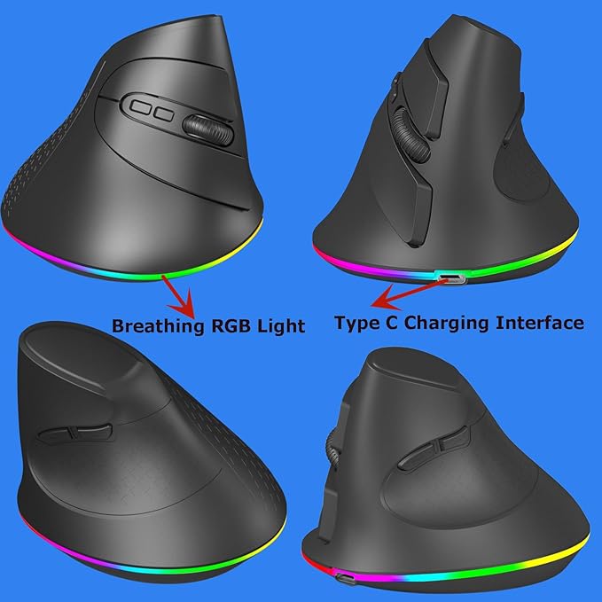 Wireless Mouse Bluetooth Rechargeable Dual Mode Ergonomic Vertical Large Carpal Tunnel Ergo Optical Travel Cordless Mice for PC Laptop Computer Mac iPad Pro MacBook Pro/AirRGB LightSide Buttons