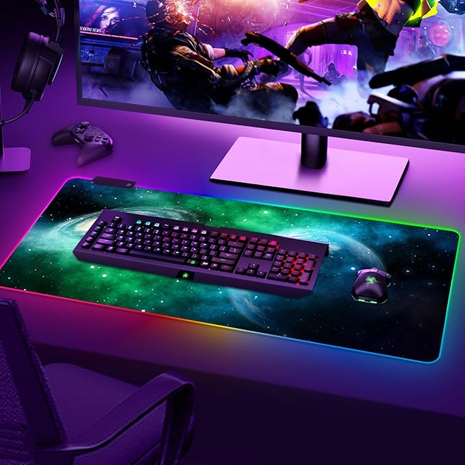 ARTSO Large RGB Gaming Mouse Pad Led Big Mouse mat with 14 Light Modes Extended Soft Computer Keyboard Mat Non-Slip Rubber Base Green Planet Nebula