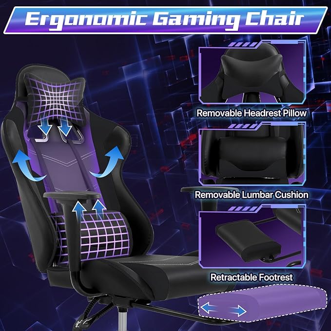 Gaming Chair for Adults - 250lbs Capacity Video Game Chair with Footrest &amp Lumbar Support Ergonomic 360° Swivel Height Adjustable Office Gamer Chair Heavy-Duty PU Leather (Black)
