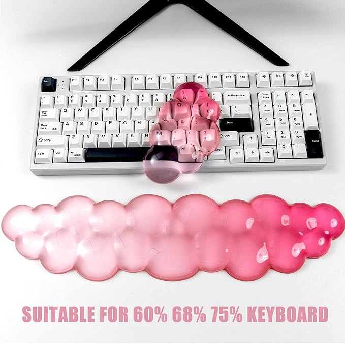 Ergonomic Cloud Silicone Gel Keyboard and Mouse Wrist Rest Set – Clear Wrist Rest for Computer Keyboard 60%/68%/75% Comfort &amp Support for Typing and Gaming (White Pink)