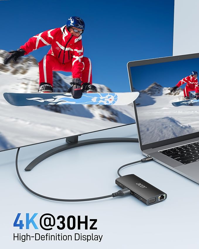 Acer USB C Hub with 4K HDMI 9-in-1 USB C to Ethernet Adapter 5Gbps USBA 3.0 Docking Station VGA Splitter SD Card Reader PD 100W Charging for MacBook Acer Laptops Surface and More (Black)