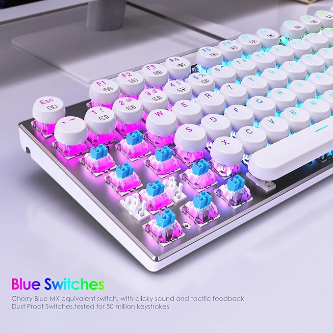 HUO JI E-Yooso Z-88 Wired Typewriter Style Mechanical Gaming Keyboard Programmable RGB Backlit Blue Switches - Clicky USB-C Cable Metal Panel 104 Double-Shot Keycaps for PC White