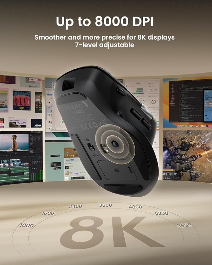 ProtoArc Ergonomic Bluetooth Mouse EM25 USB Wireless Mouse Fast Scrolling &amp Thumb Scroll Wheel Buttons Customizations 8000 DPI Quiet Rechargeable Compatible with Windows/Mac/Android Black