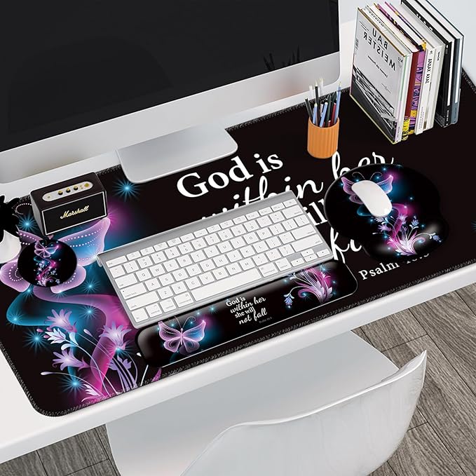 Mouse Pad + Desk Mat + Keyboard Wrist Rest + Coaster 4 in 1 Set Cute Ergonomic Large Gaming Mousepad with Wrist Rest Support Desk Pad for Computer Laptop Office Home Decor-Purple Butterfly