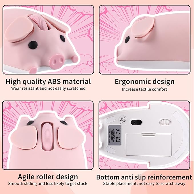 Bluetooth Mouse 2.4G Mice Cute Cartoon Pig Dual Mode (Bluetooth or 2.4 GHz Receiver) Computer Mouse 1200DPI Silent Clisks for Laptop/Notebook/iPad/PC/Mac/Chromebook Office Home(Pink)
