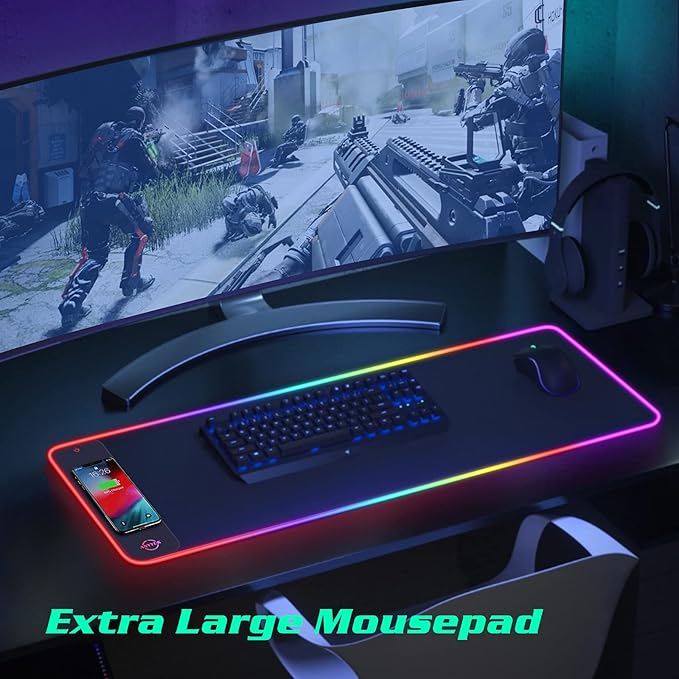 RGB LED Mouse Pad with 15W Wireless Charger Gaming Mouse Pad with 10 Light Modes Extra Large Mousepad Non-Slip Rubber Base Computer Keyboard Mat for Men