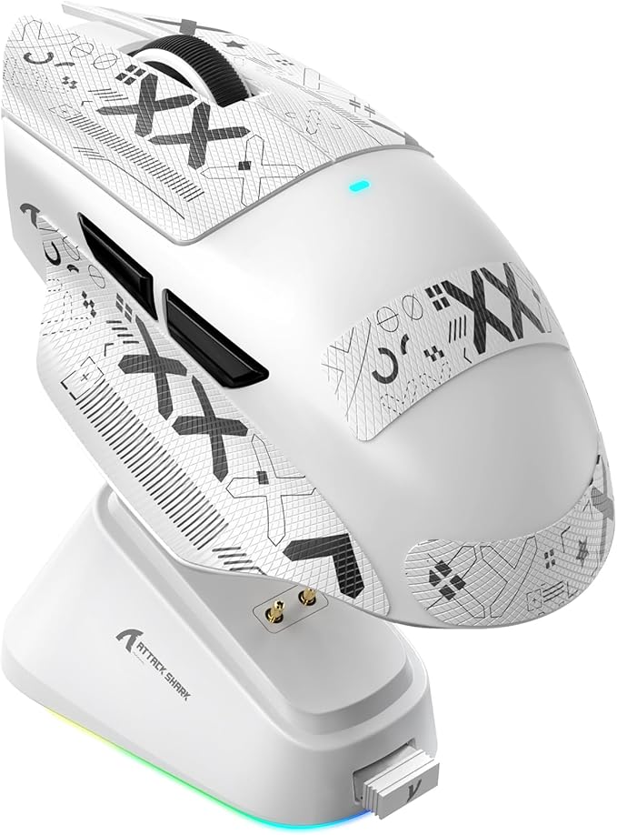ATTACK SHARK V6 Wireless Gaming Mouse with RGB Charging Dock 25K DPI PAW3311 Sensor 1K Polling Tri-Mode Ergonomic PC Mice 5 Programmable Bottons Cloud-Based AI Driver for Win/MacWhite&ampTape