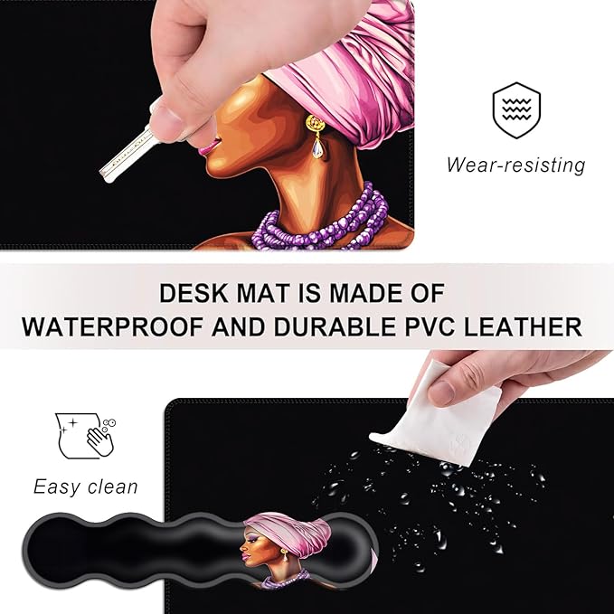 Mouse PadLarge Desk Mat Set 4in1 XL Mousepad + Keyboard Wrist Rest+Mouse Wrist Rest+Coaster with Ergonomic Desk Pad for Home Office Table Computer Cover -African Woman