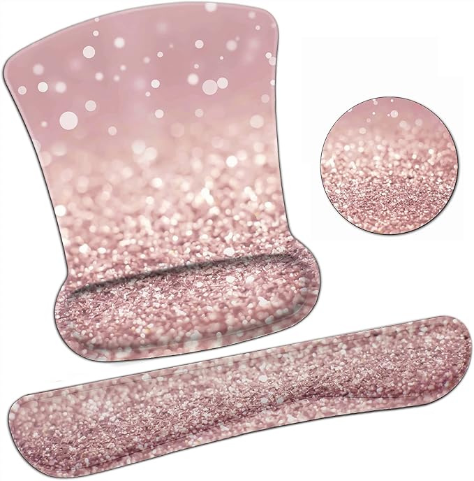 Ergonomic Mouse Pad Wrist Support Gel and Keyboard Wrist Rest Set Pink Glitter Design for Laptop Mac Gaming and Office Durable Comfortable and Pain Relief + Coaster