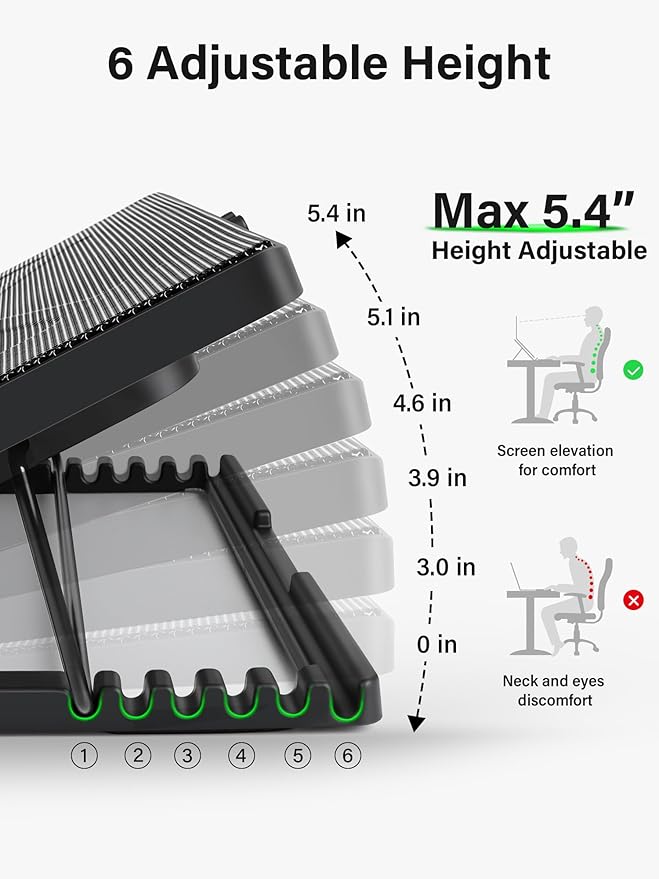 Kootek Laptop Cooling Pad Laptop Cooler with 5 Quiet Fans for 12-17 Computer PC Notebook Gaming Laptop Fan Height Adjustable Laptop Cooling Stand Laptop Accessories Green