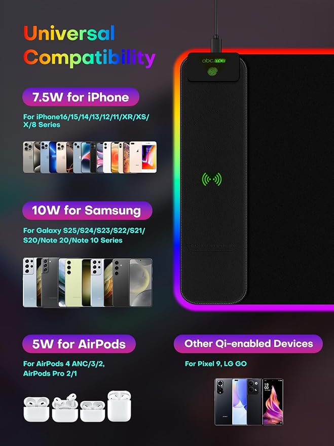 2-in-1 RGB Gaming Mouse Pad with Wireless Charging 31.5x11.8 Large 24 Light Effects Non-Slip Base Waterproof Ultra-Smooth Surface No Adapter