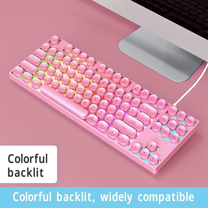 Yunseity 87 Keys Typewriter Mechanical Gaming Keyboard Colorful Backlit Retro Punk Round Keycaps Keyboard Anti Ghosting Hot Swap USB Wired Keyboards for Gamers Typists ()