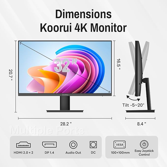 KOORUI 32 inch 4K Computer Monitor with HDMI 2.0 Displayport 1.4 Speakers 60Hz VESA HDR Support Desktop Monitor Compatible Free-Sync G-Sync Adaptive Sync for Office &amp Home