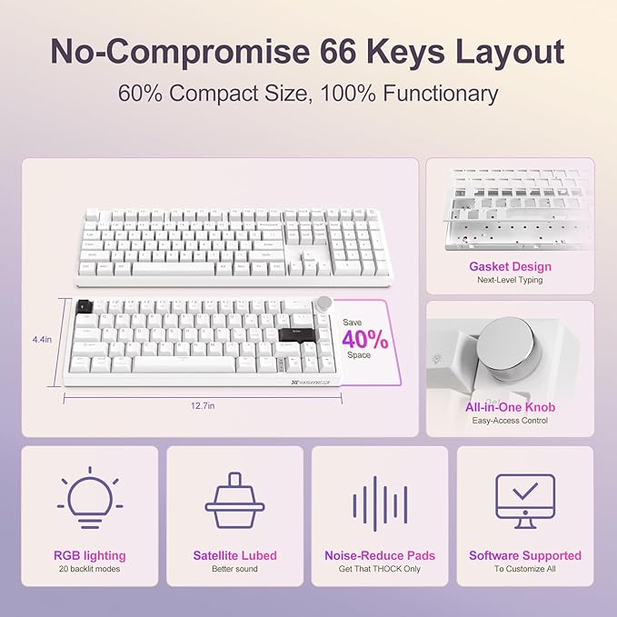 X82 Wired Gaming Keyboard with Volume Knob60% Mechanical Keyboard Gasket Mount RGB Backlit with SoftwareMini Keyboards with 66 Keys Hot Swappable Red SwitchTranslucent Characters White