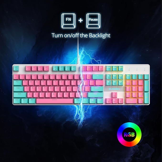 surmen Full Size Pink Creamy Keyboard with Number Pad 104 Keys RGB Wired Mechanical Gaming Keyboard Backlit with PBT Keycaps Linear Red Switch for Laptop Desktop PC Gamers（104 Miami）