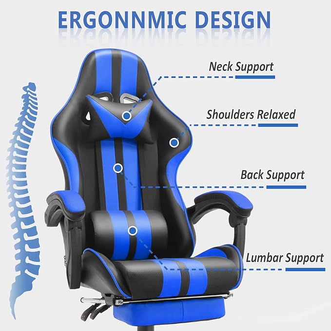 Racing Style PC Computer ChairComputer Gaming Chair E-Sports ChairErgonomic Office Chair with Height AdjustmentRetractable FootrestHeadrest and Massage Lumbar Support(Navy Blue)