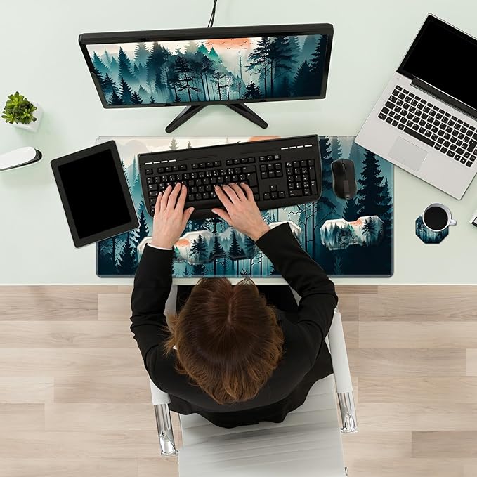 Keyboard Wrist Rest &amp Desk Mat 35.4 x 15.7 inch &amp Mouse Wrist Rest &amp Coasters 4 Pcs Gaming Mouse Pad with Wrist Rest Set with Memory Foam Ergonomic Easy Typing Pain Relief - Forest Tree
