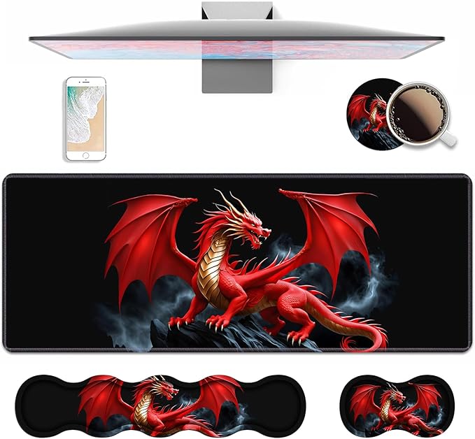 4 in 1 Ergonomic Keyboard Wrist Rest &amp Mouse Pad Wrist Rest Set Large XXL Gaming Desk Mat 31.5x 11.8 with Non-Slip Base Memory Foam for Home Office Study Gaming Red Dragon