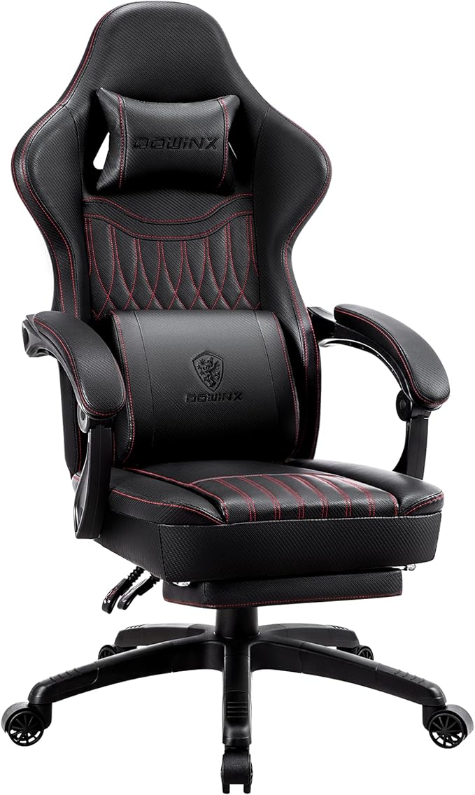 Dowinx Gaming Chair Breathable PU Leather Gamer Chair with Footrest Massage Lumbar Support Big and Tall Ergonomic Reclining Computer Chair with Pocket Spring Cushion for Adults Teens(Black)