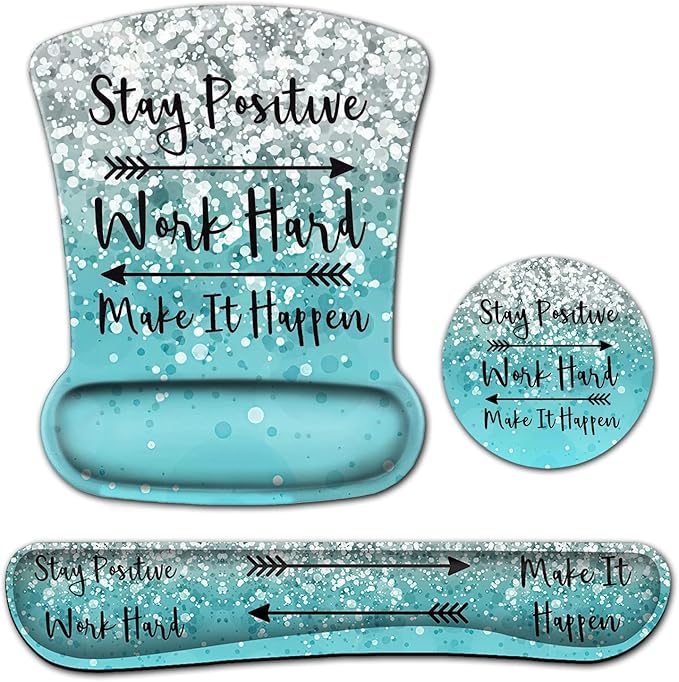 Mouse Pad with Wrist Support Ergonomic Gel Mouse Pad Memory Foam Keyboard Wrist Rest Suitable for Office Typing Games Desktop Decoration Stay Positive Work Hard and Blue Glitter Graphic Design